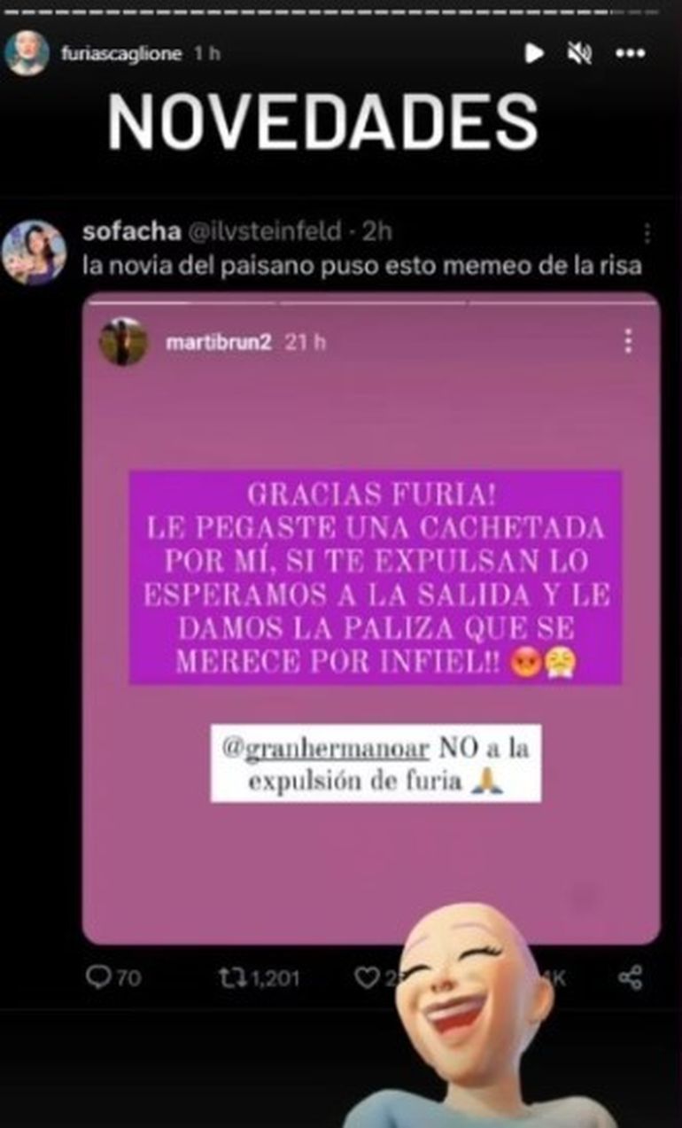 El supuesto posteo de Martina Brun, la novia de Williams, apoyando a Furia. El supuesto posteo de Martina Brun, la novia de Williams, apoyando a Furia.