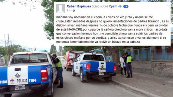 La mañana del 14 de octubre, la Policía llegó a la escuela, hubo reunión de padres y encontraron, además de la de Facebook, otra amenaza en la pared de un baño del CPEM 49 de Valentina Sur.