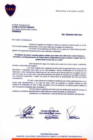 Boca envió este mail al equipo brasilero a forma de hacer presión y que se decidan con respecto al jugador colombiano