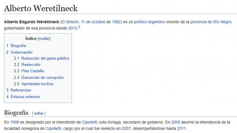 Corredor de autos y tenista, el insólito perfil de Weretilneck en Wikipedia