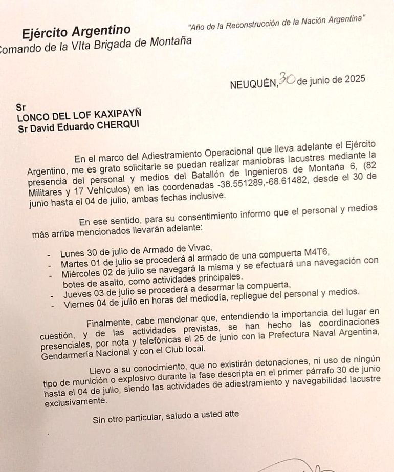 La nota que envió Pablo Conforte a cargo del Batallón VI de Montaña del Ejército Argentino. La nota que envió Pablo Conforte a cargo del Batallón VI de Montaña del Ejército Argentino.