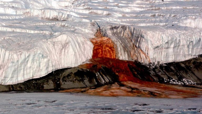 La corriente roja desciende por la pared del glaciar y tiñe la superficie helada al entrar en contacto con el aire de la Antártida. La corriente roja desciende por la pared del glaciar y tiñe la superficie helada al entrar en contacto con el aire de la Antártida.