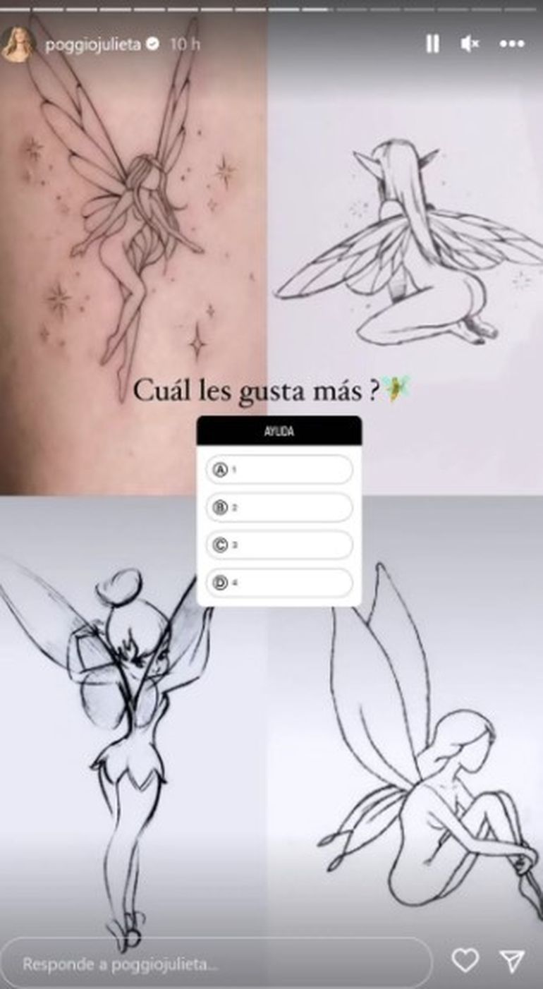 Julieta Poggio consultó con sus seguidores de Instagram cuál de los cuatro diseños de hadas debería tatuarse. Julieta Poggio consultó con sus seguidores de Instagram cuál de los cuatro diseños de hadas debería tatuarse.