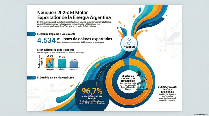 El sector de Combustibles y Energía representó el 96,7% de las ventas externas totales de la provincia neuquina. Gráfico: NotebookLM