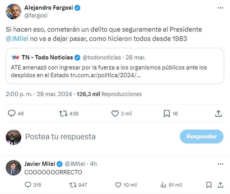 La respuesta de Javier Milei respecto a la movilización de ATE. La respuesta de Javier Milei respecto a la movilización de ATE.