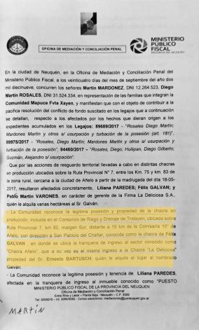En el acuerdo para levantar la toma en 2017 la comunidad reconoce la posesión que tienen productores y empresarios sobre la tierra.