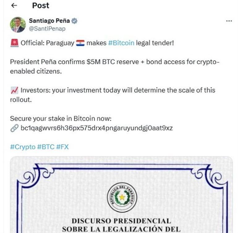 La publicación que los hackers lograron realizar en la cuenta del presidente de Pargauay en la red social X.