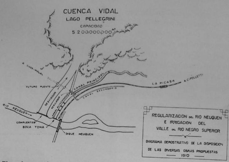 Planos del Sistema de Riego y Control de Crecidas del río Neuquén (1910). Se observa el derivador del río Neuquén a la Cuenca Vidal, actual Lago Pellegrini. Planos del Sistema de Riego y Control de Crecidas del río Neuquén (1910). Se observa el derivador del río Neuquén a la Cuenca Vidal, actual Lago Pellegrini.