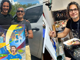 Sergio en plena obra y en la entrega del cuadro a Cavani.