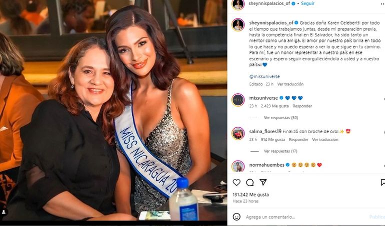 Sheynnis Palacios le agradece a Karen Celebertti su apoyo durante el concurso de belleza. Sheynnis Palacios le agradece a Karen Celebertti su apoyo durante el concurso de belleza.