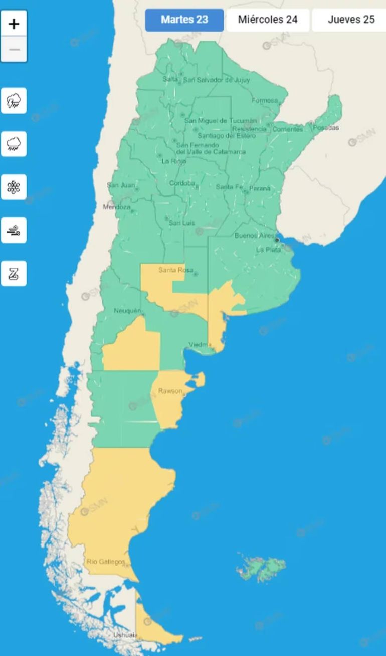 La alerta por tormentas y granozo del Servicio Metereológico Nacional alcanza a las provincias de Río Negro y Chubut; y por viento para regiones de la provincia de Buenos Aires, La Pampa, Santa Cruz y Tierra del Fuego. Foto: SMN.