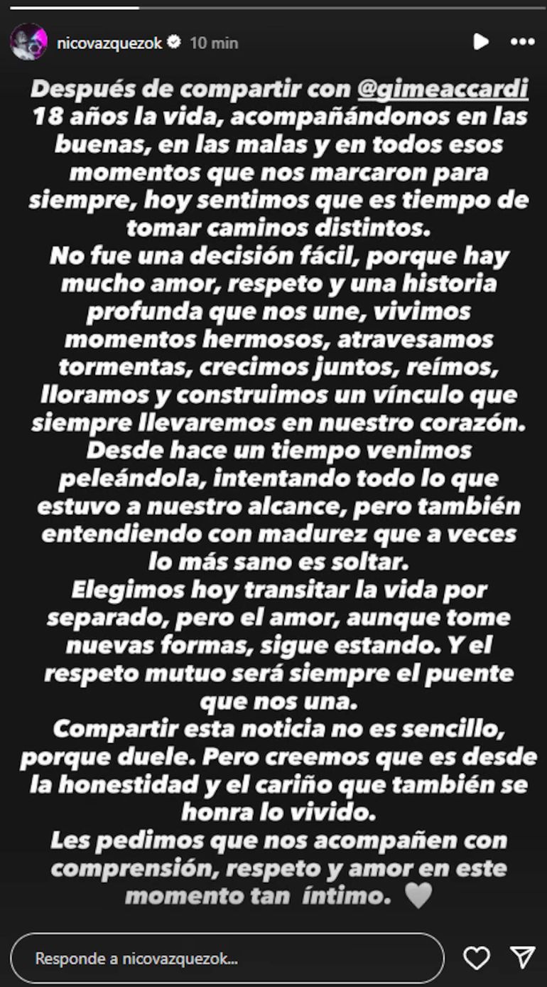 Mediante un posteo en sus historias de Instagram, Nico Vázquez confirmó la separación de Gimena Accardi.