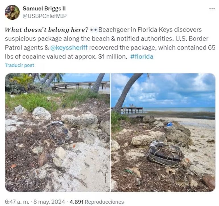 El posteo en Twitter de un usuario que encontró un paquete de cocaina en las playas de Florida. El posteo en Twitter de un usuario que encontró un paquete de cocaina en las playas de Florida.