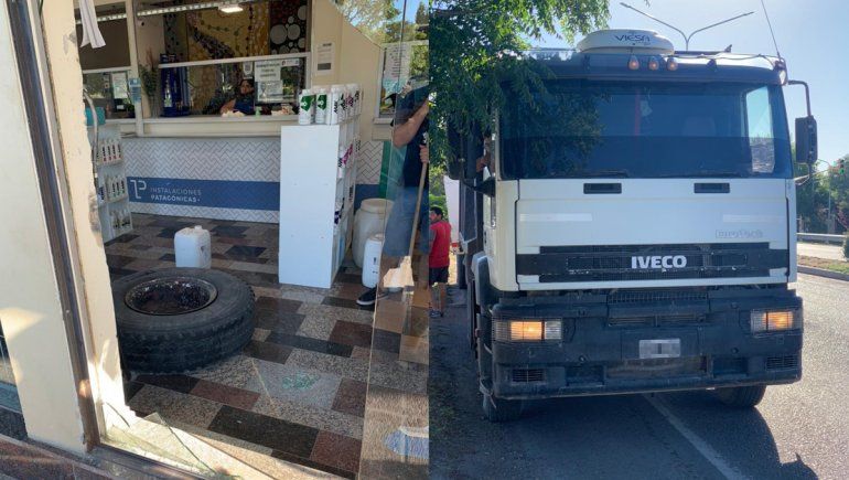 Un camión perdió una rueda y destruyó el frente de un negocio