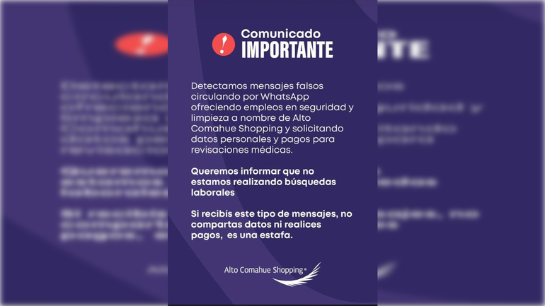 Alto Comahue Shopping emitió un comunicado por las estafas. Alto Comahue Shopping emitió un comunicado por las estafas.