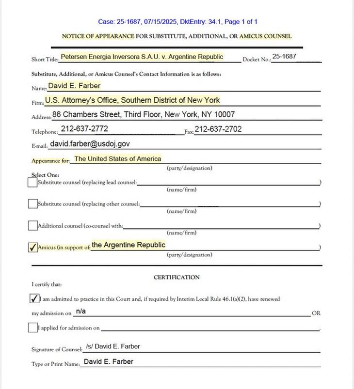 La solicitud del Departamento de Jusiticia de Estados Unidos para intervenir en el caso YPF. (Fuente: @TommyBarbanBA) La solicitud del Departamento de Jusiticia de Estados Unidos para intervenir en el caso YPF. (Fuente: @TommyBarbanBA)