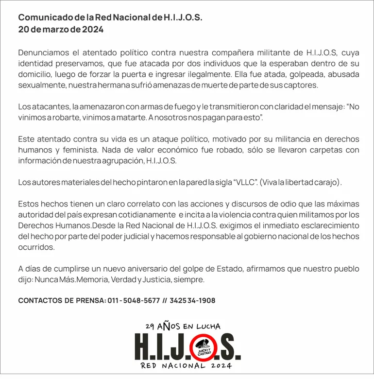 El comunicado de H.I.J.O.S. después del ataque a la militante. El comunicado de H.I.J.O.S. después del ataque a la militante.