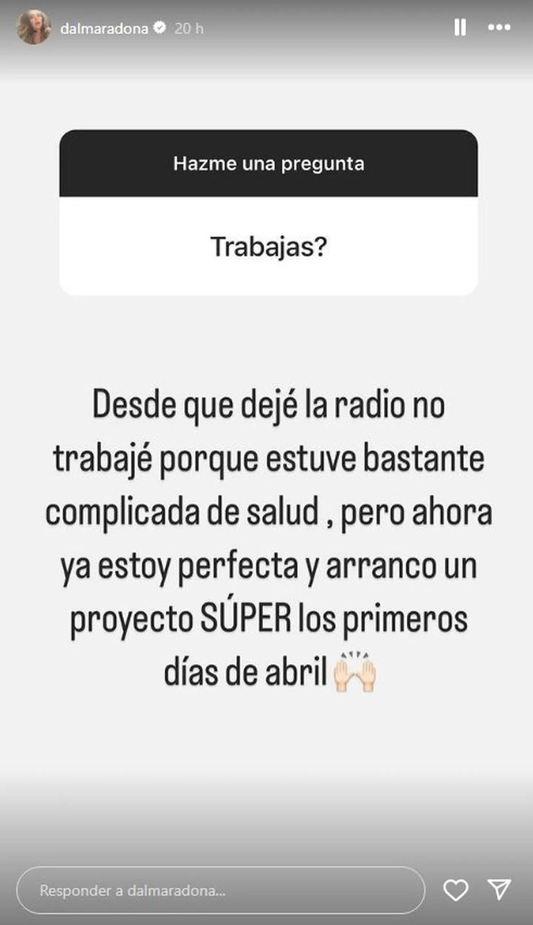 Dalma Maradona reconoció, hace unos días, que estuvo alejada de los medios por un problema de salud. Dalma Maradona reconoció, hace unos días, que estuvo alejada de los medios por un problema de salud.