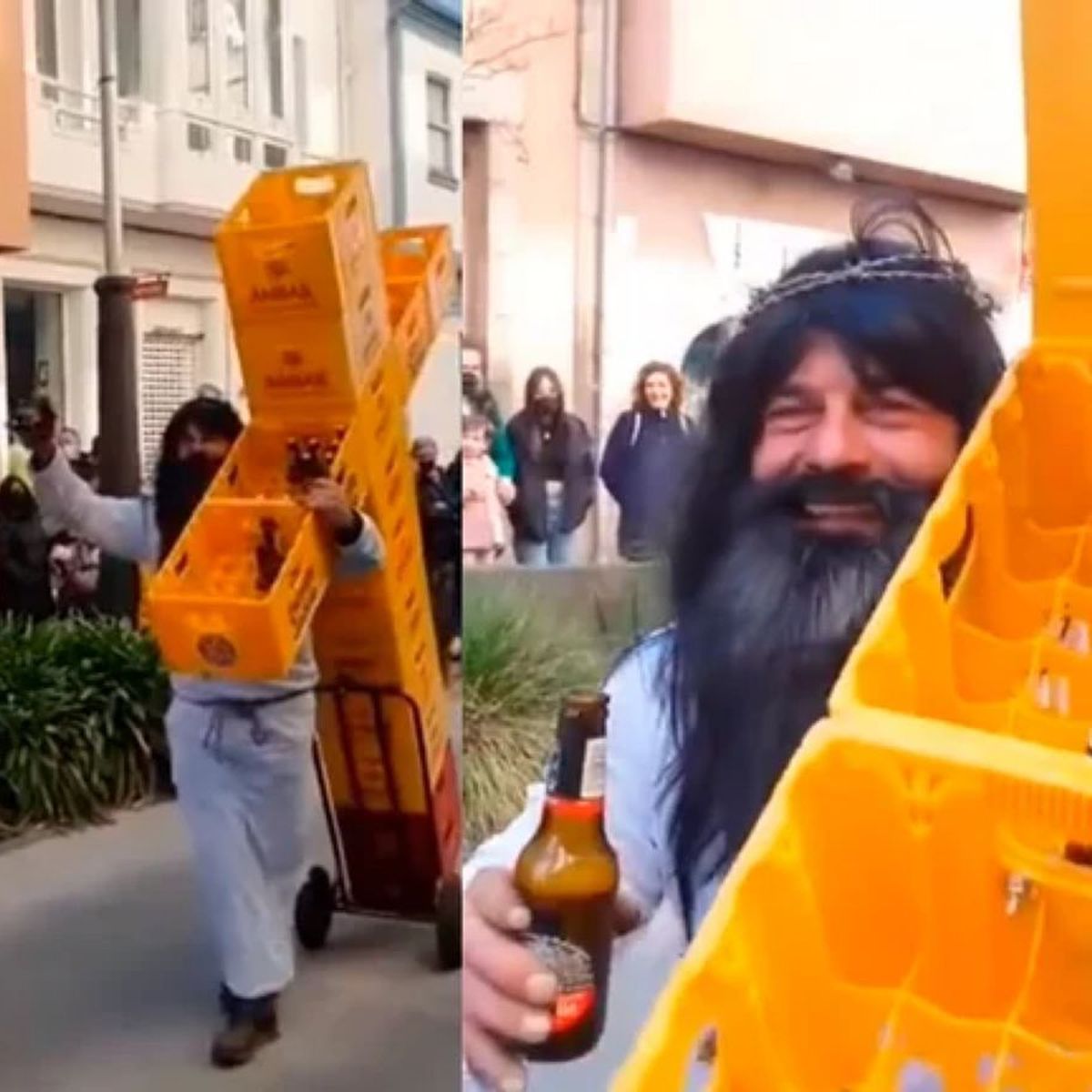 Un hombre se vuelve viral en las redes sociales tras cargar una cruz hecha con cajas de cerveza Un hombre se vuelve viral en las redes sociales tras cargar una cruz hecha con cajas de cerveza
