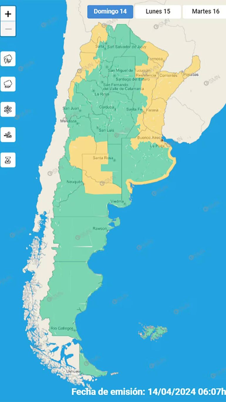 El Servicio Meteorológico Nacional (SMN) emitió alerta amarilla para este domingo 14 de abril por lluvias, tormentas, nevadas y viento para distintas provincias del país. Foto: SMN.