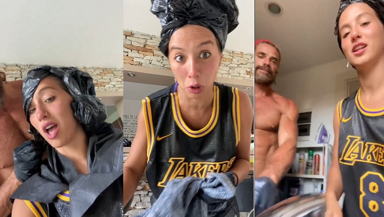 Luciano Castro hizo de peluquero y tiñó a Flor Vigna