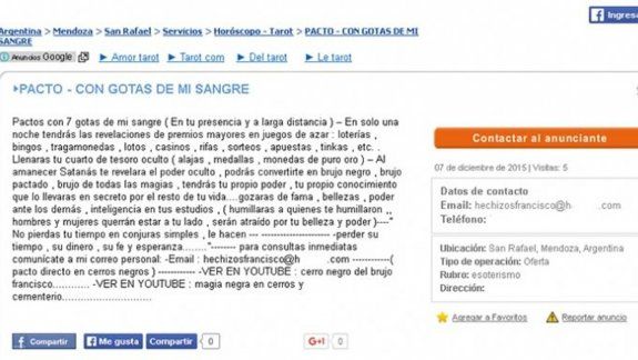 El aviso del Brujo Francisco en un medio de San Rafael, Mendoza.
