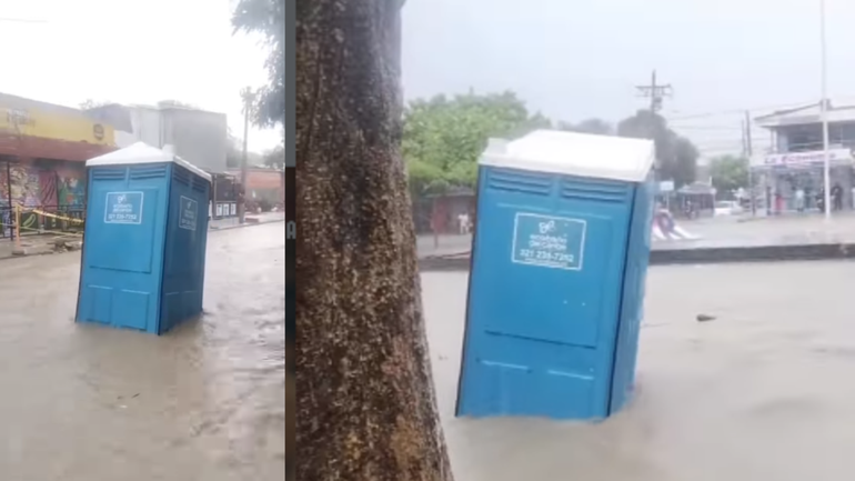 No alcanzó a salir: estaba dentro de un baño químico y fue arrastrado por la fuerte lluvia.