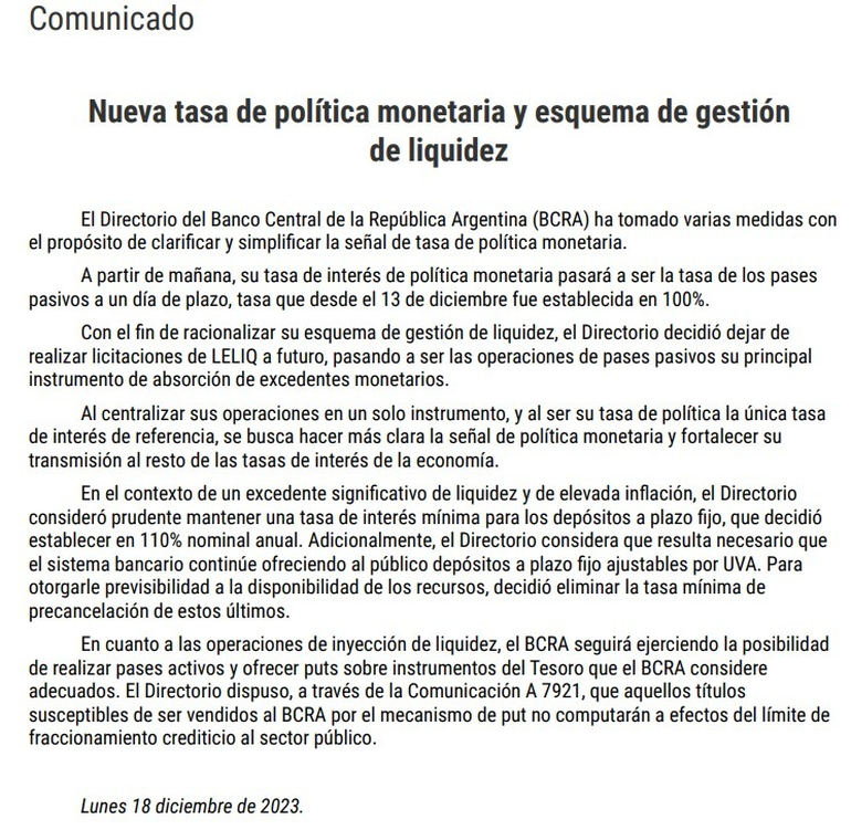 Comunicado del Banco Central sobre sus nuevas medidas. Comunicado del Banco Central sobre sus nuevas medidas.