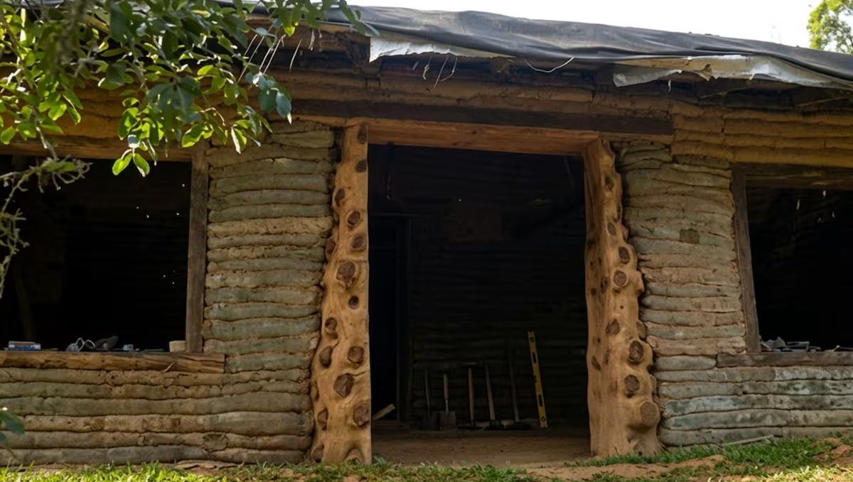 Construyó su casa con la técnica del super-adobe.