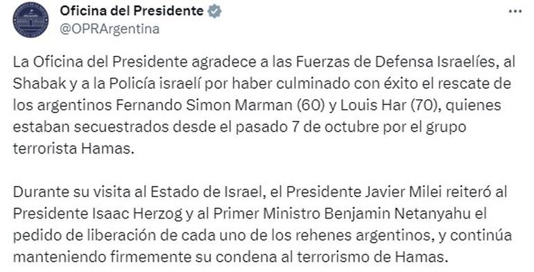 El Gobierno argentino agradece al de Israel por la liberación de rehenes.