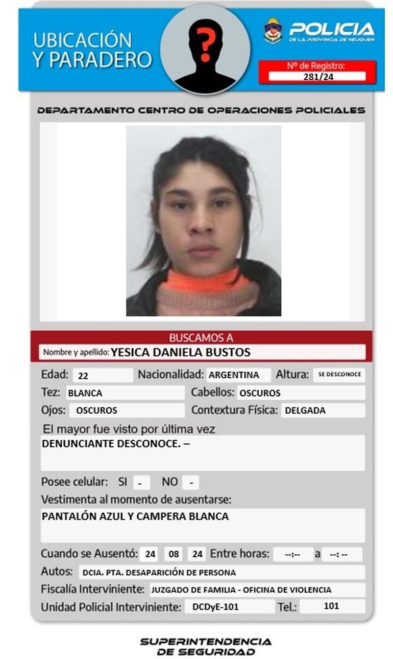 La búsqueda está vigente de acuerdo a lo confirmado por LMNeuquén a primera hora de este martes. La búsqueda está vigente de acuerdo a lo confirmado por LMNeuquén a primera hora de este martes.