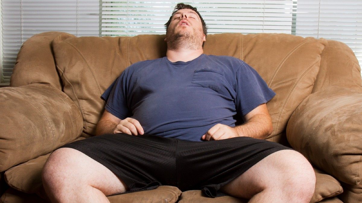 Толстяк лежит на диване