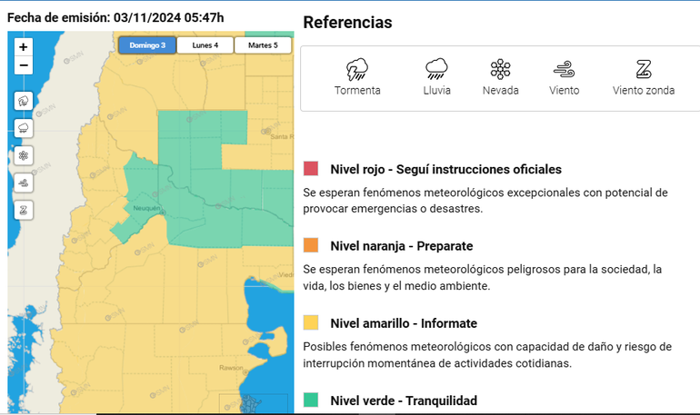 La alerta amarilla por viento emitida por el Servicio Meteorológico Nacional es en casi todo el mapa de Neuquén. La alerta amarilla por viento emitida por el Servicio Meteorológico Nacional es en casi todo el mapa de Neuquén.
