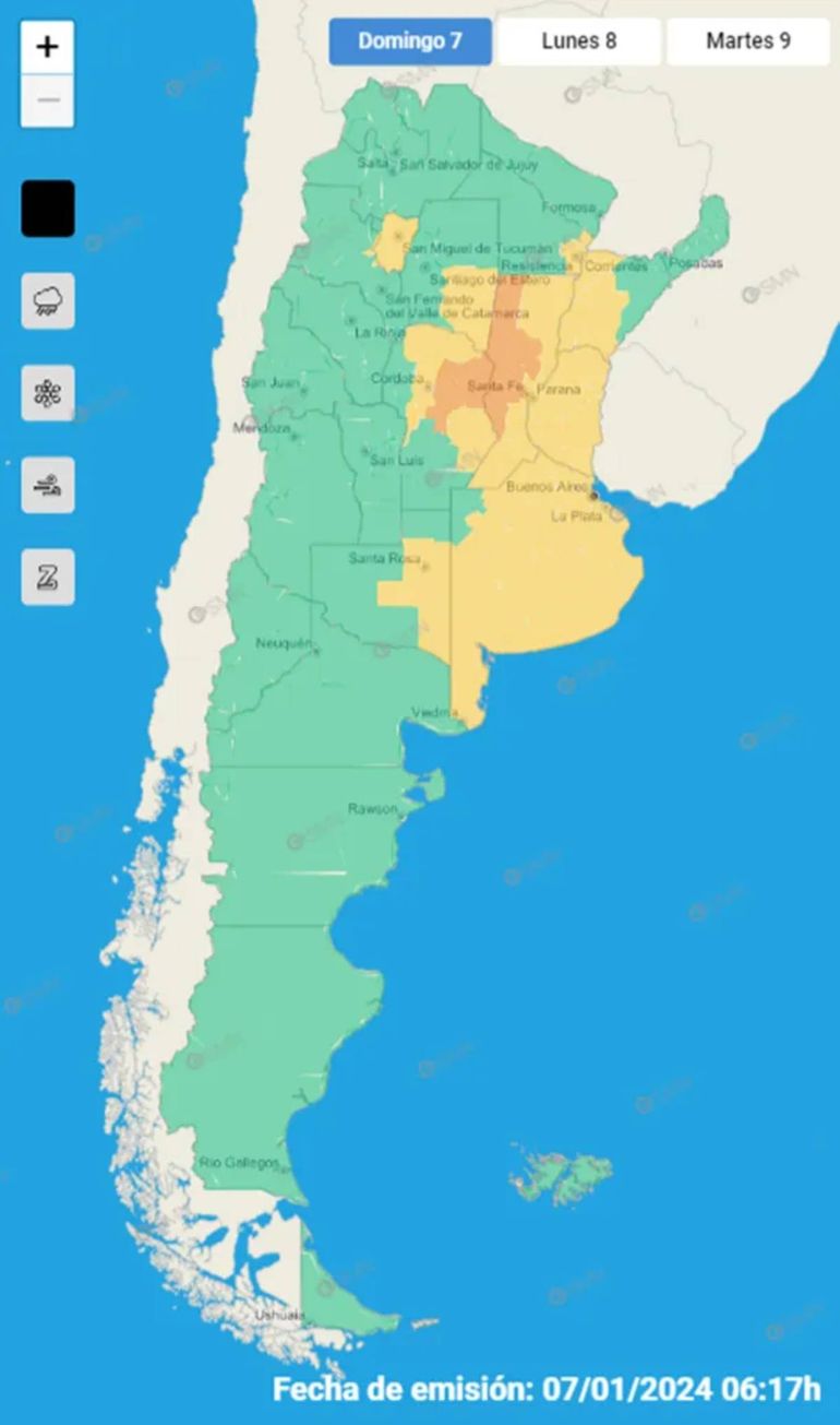 Córdoba, Santa Fe, CABA, Buenos Aires, Entre Ríos, Tucumán, La Pampa, Corrientes y Chaco y Santiago del Estero, están bajo alerta metereológica por tormentomentas, granizo y actividad eléctrica. Foto: SMN.