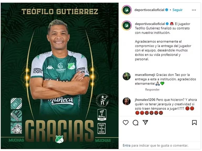 El Deportivo Cali despidió a Teo en sus redes. El Deportivo Cali despidió a Teo en sus redes.