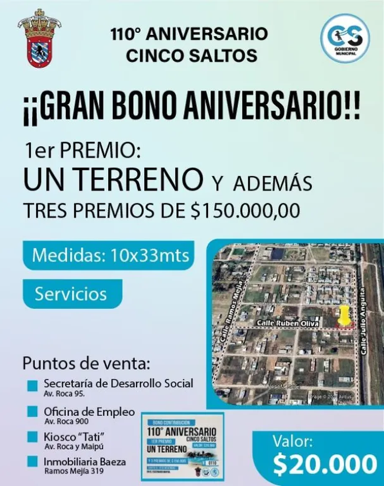 Desde la municipalidad de Cinco Saltos lanzó un bono contribución para participar del sorteo. Desde la municipalidad de Cinco Saltos lanzó un bono contribución para participar del sorteo.