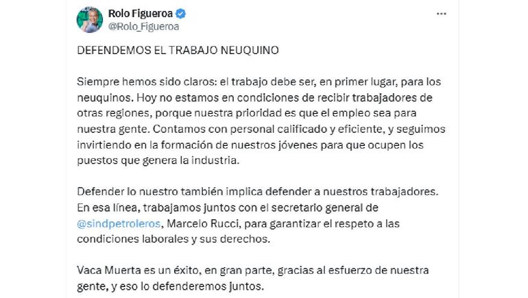 El tuit de Rolando Figueroa sobre la defensa de los trabajadores de Neuquén. Es en el contexto de los despidos en Halliburton en Chubut. El tuit de Rolando Figueroa sobre la defensa de los trabajadores de Neuquén. Es en el contexto de los despidos en Halliburton en Chubut.