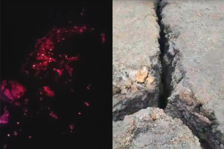 De noche, las grietas en el suelo de Chubut se ven rojizas y algunos comparan la imagen con el mundo paralelo de la serie Stranger Things. De noche, las grietas en el suelo de Chubut se ven rojizas y algunos comparan la imagen con el mundo paralelo de la serie Stranger Things. 