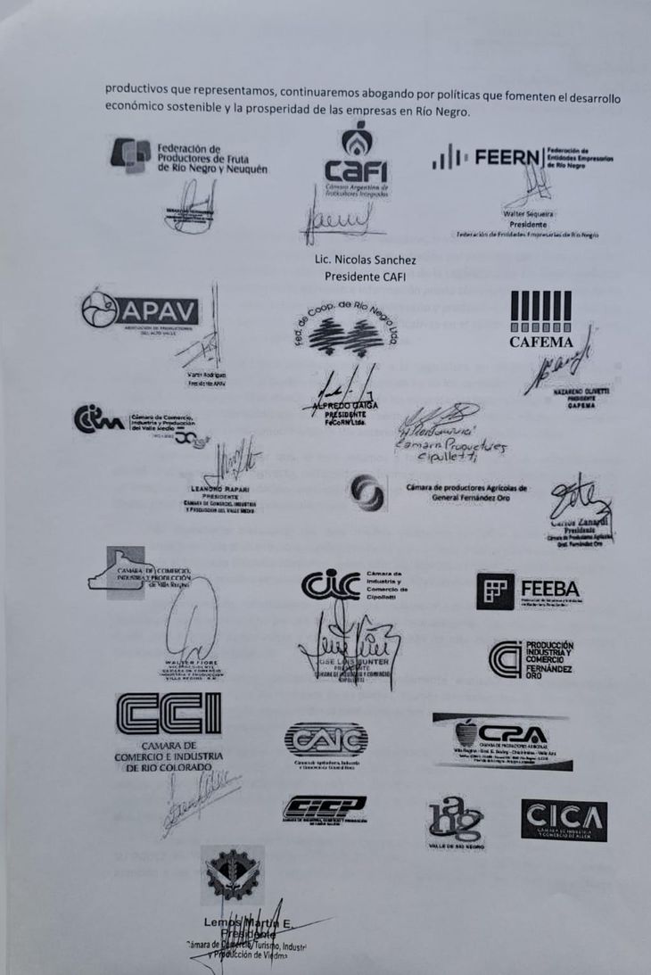 Algunas de las empresas que firmaron el petitorio elevado a la Gobernadora rionegrina. Algunas de las empresas que firmaron el petitorio elevado a la Gobernadora rionegrina.