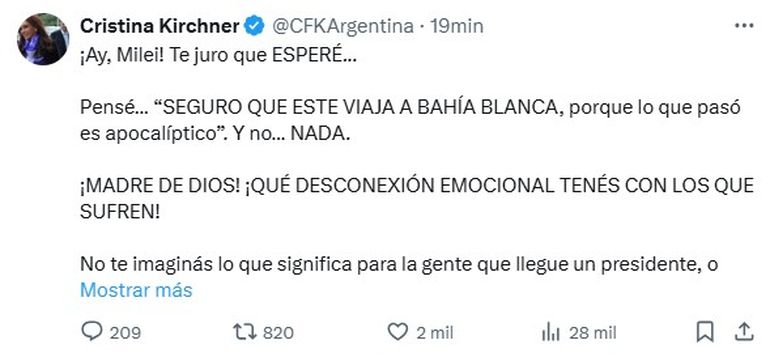 El mensaje de Cristina Kirchner contra Javier Milei. El mensaje de Cristina Kirchner contra Javier Milei.
