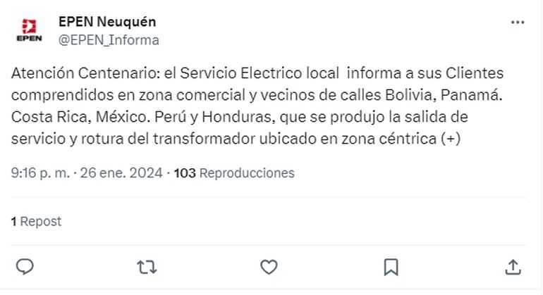 El comunicado en que EPEN informaba sobre el corte de luz. El comunicado en que EPEN informaba sobre el corte de luz.