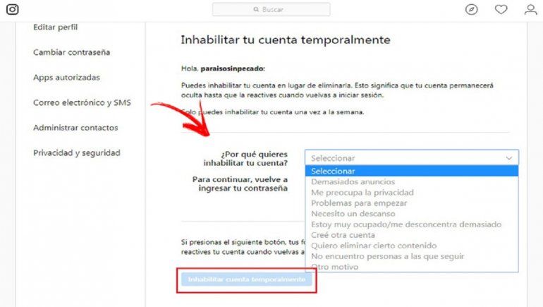 Inhabilita tu cuenta de Instagram de forma temporal.