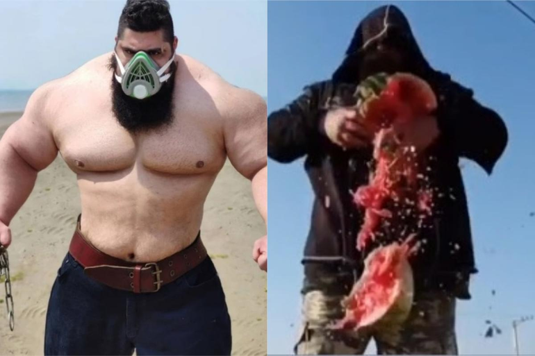 Brutal entrenamiento del Hulk iraní: dobló barra de acero y rompió pared
