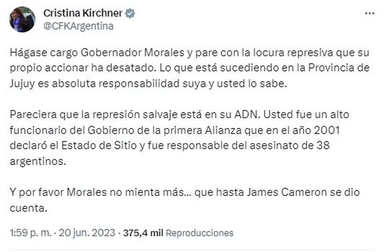 El tweet de Cristina Fernández de Kichner contra Geraro Morales. El tweet de Cristina Fernández de Kichner contra Geraro Morales.