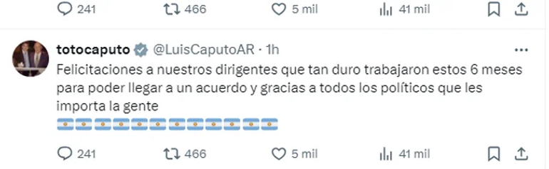 Luis Caputo agradeció por el acompañamiento en el tratamiento de la Ley Bases. Luis Caputo agradeció por el acompañamiento en el tratamiento de la Ley Bases.
