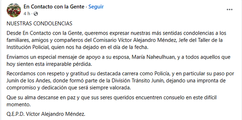 Uno de los muchos mensajes de despedida al comisario Méndez que se pueden leer en Facebook. Uno de los muchos mensajes de despedida al comisario Méndez que se pueden leer en Facebook.