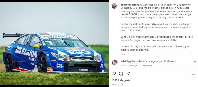 Agustín Canapino comunicó su salida del TC2000, agradeció a todo su equipo y se sumará al TC Pick Up en 2023.