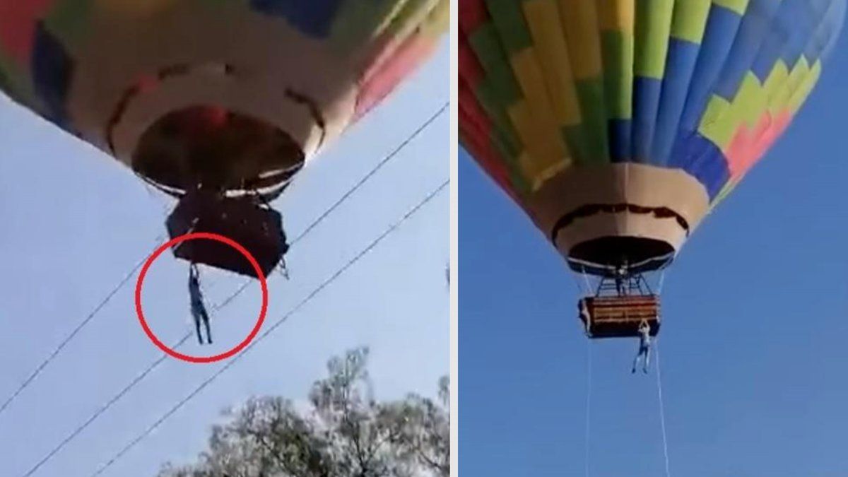 distressing moment when a man was hanging from a hot air balloon