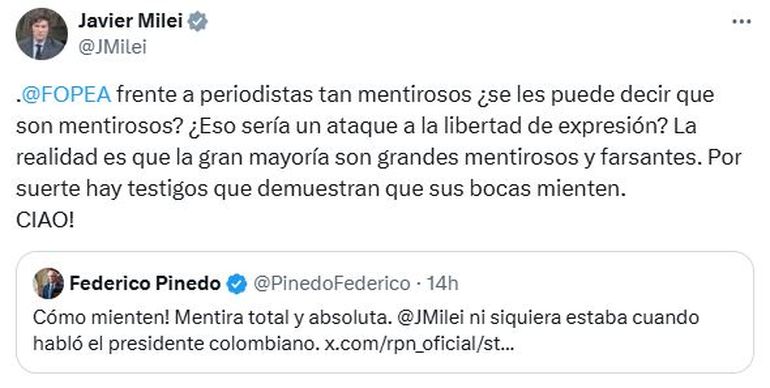 La publicación de Javier Milei en X. La publicación de Javier Milei en X.