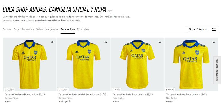 Los precios de la camiseta amarilla de Boca que en los próximos días estará llegando a Neuquén.